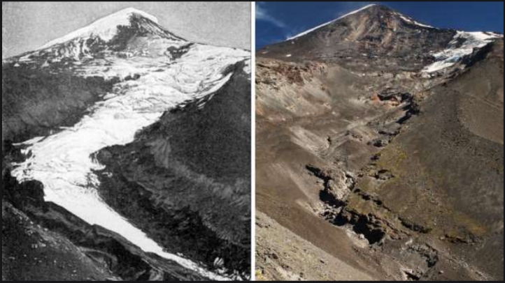Comparación fotográfica que muestra los cambios ocurridos en el Glaciar Lanín Norte entre los años 1896 y 2017